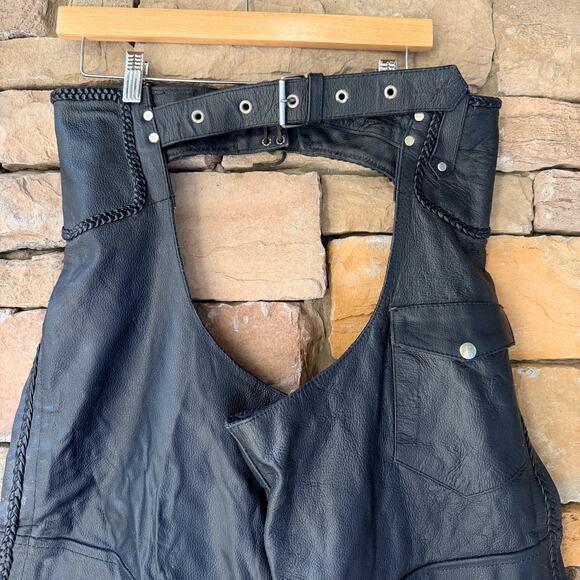 Black Leather side zip/snap motorcycle chaps Women's L Adj. Silver Buckle Waist - Picture 3 of 13